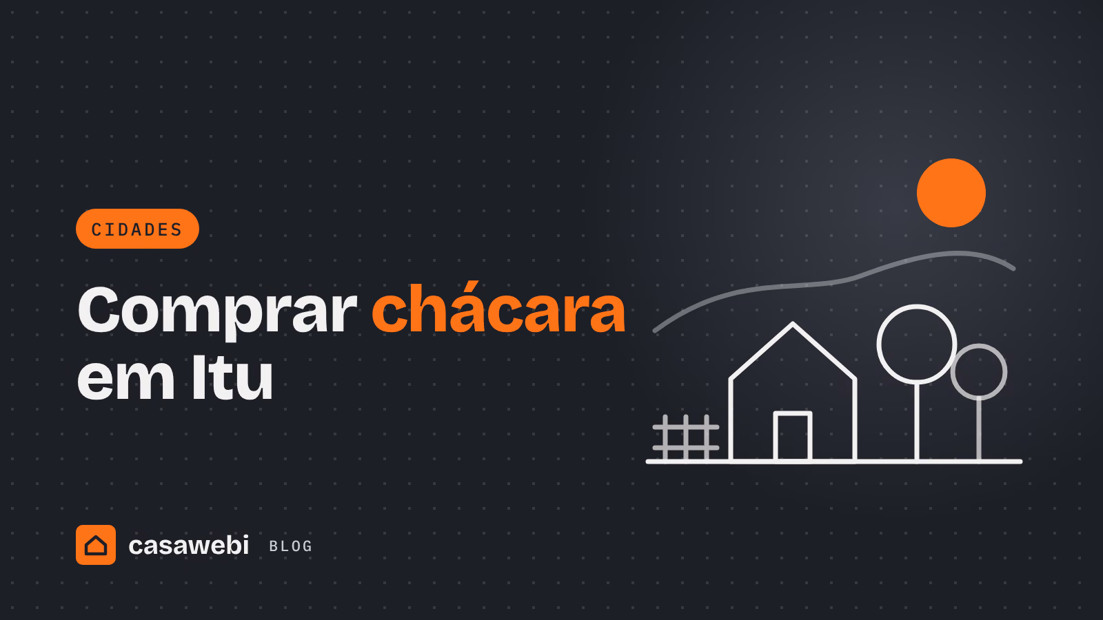 Ilustração de chácara com casa, árvores, cerca e colinas: chácara em Itu