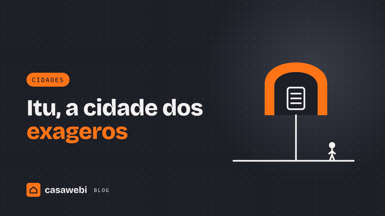 Ilustração de orelhão gigante ao lado de uma pessoa pequena: Itu, a cidade dos exageros