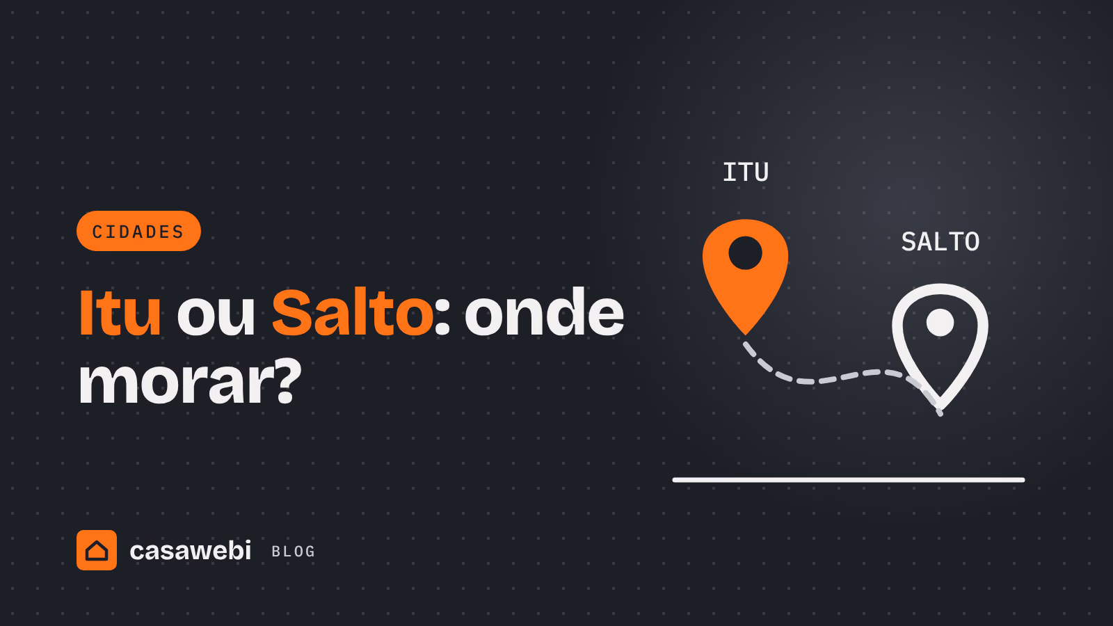 Ilustração de dois marcadores de mapa, Itu e Salto, ligados por uma estrada: qual cidade escolher para morar