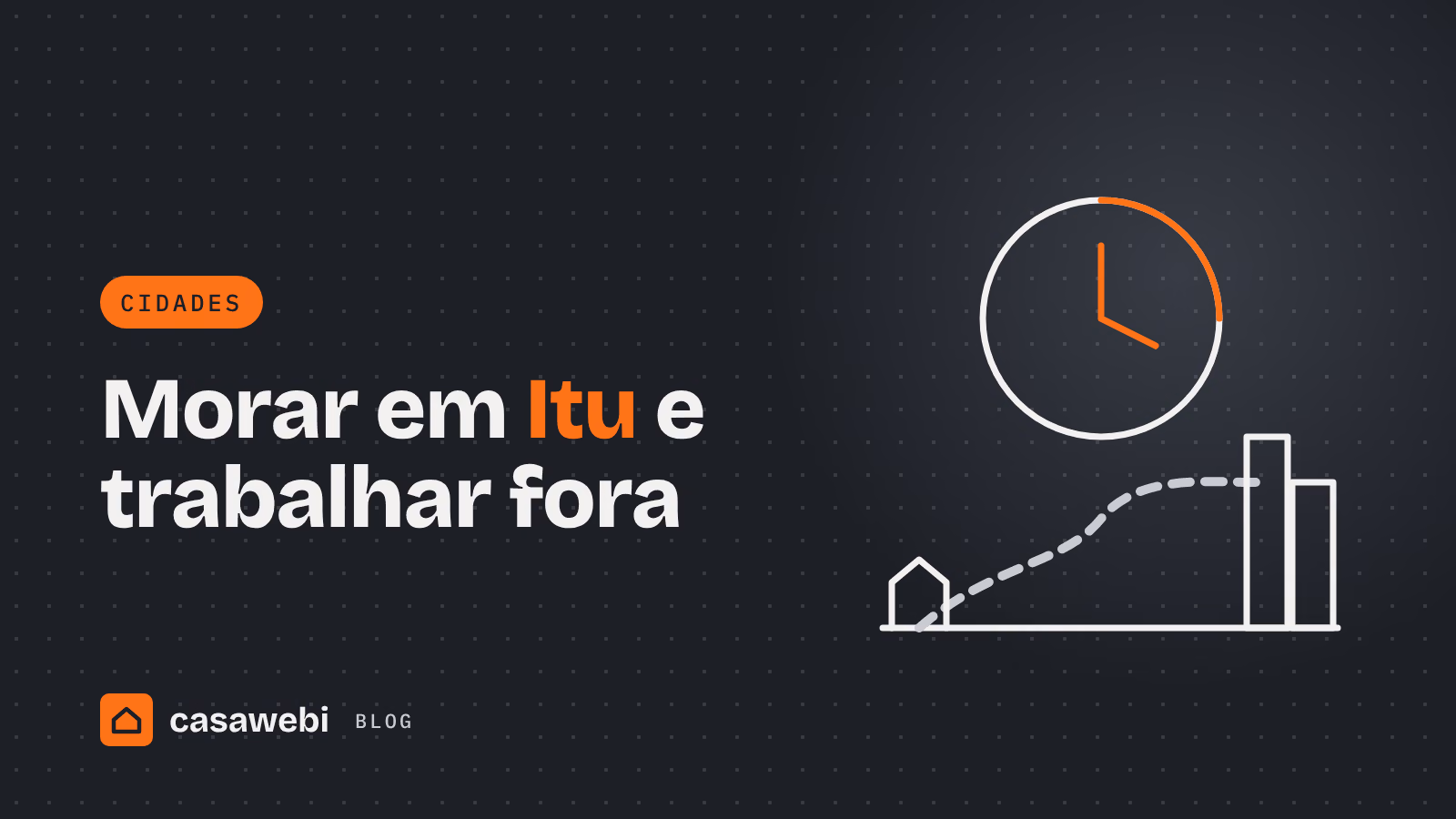 Ilustração de relógio sobre uma estrada que liga uma casa a prédios da cidade: morar em Itu e trabalhar em São Paulo ou Campinas