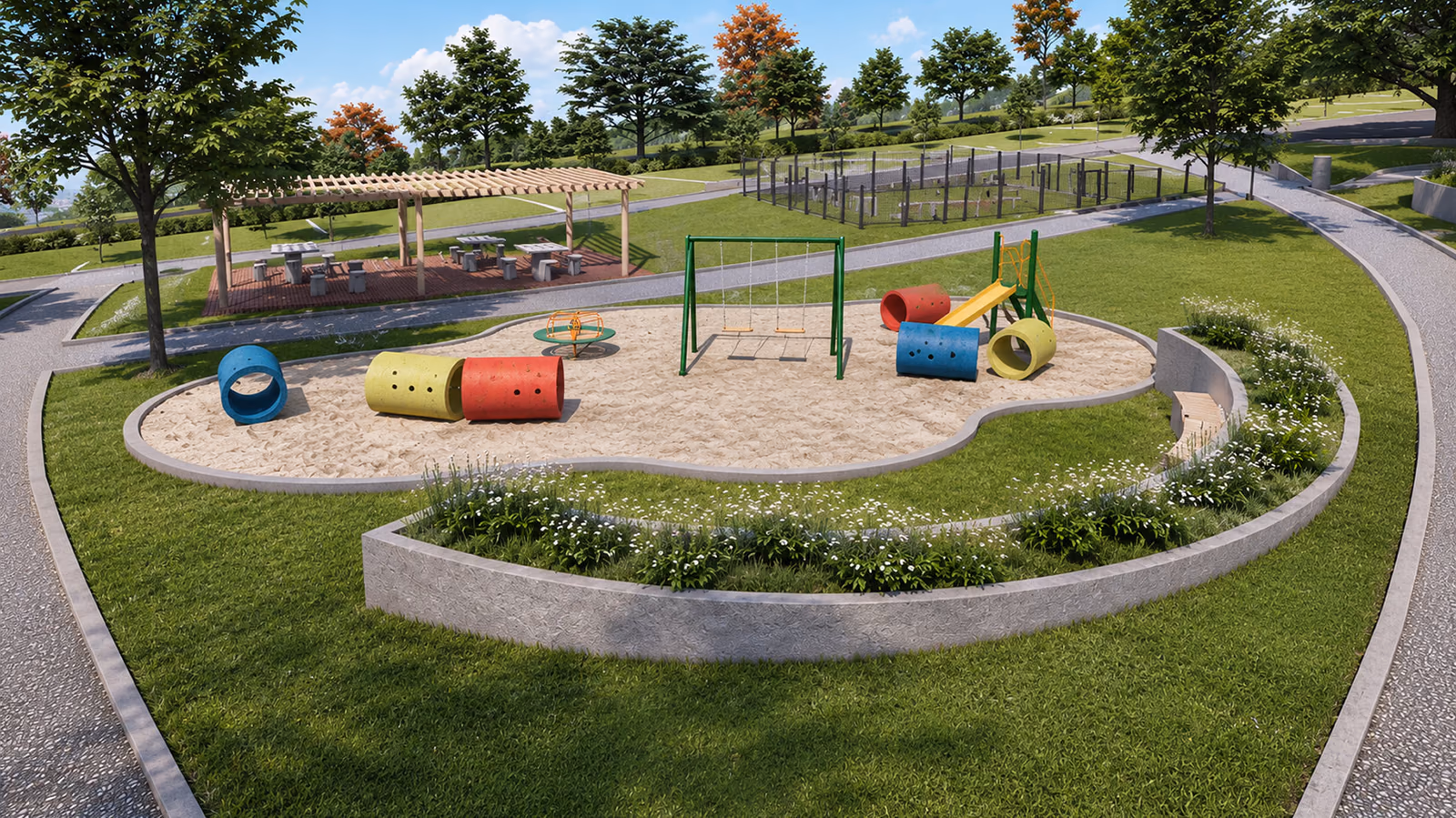 Playground de areia com balanço, escorregador e túneis coloridos