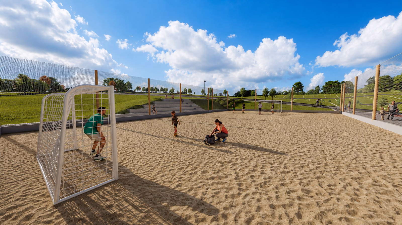 Quadra de areia com famílias jogando futebol