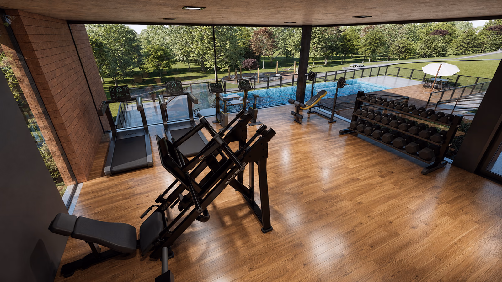 Academia envidraçada com vista para a piscina