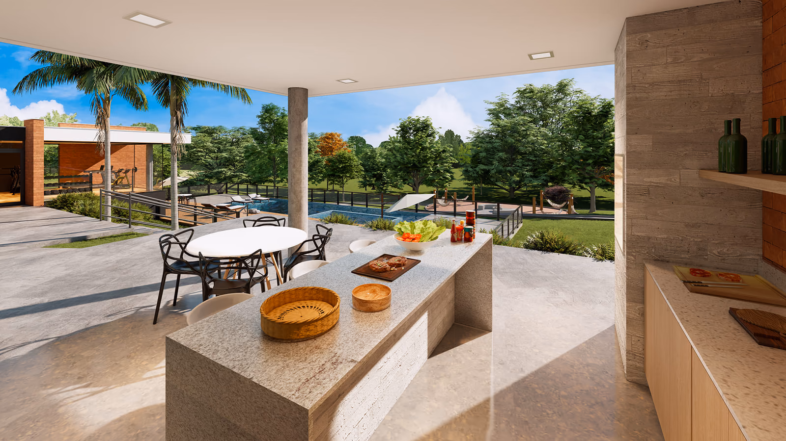 Espaço gourmet com vista para a piscina e a academia