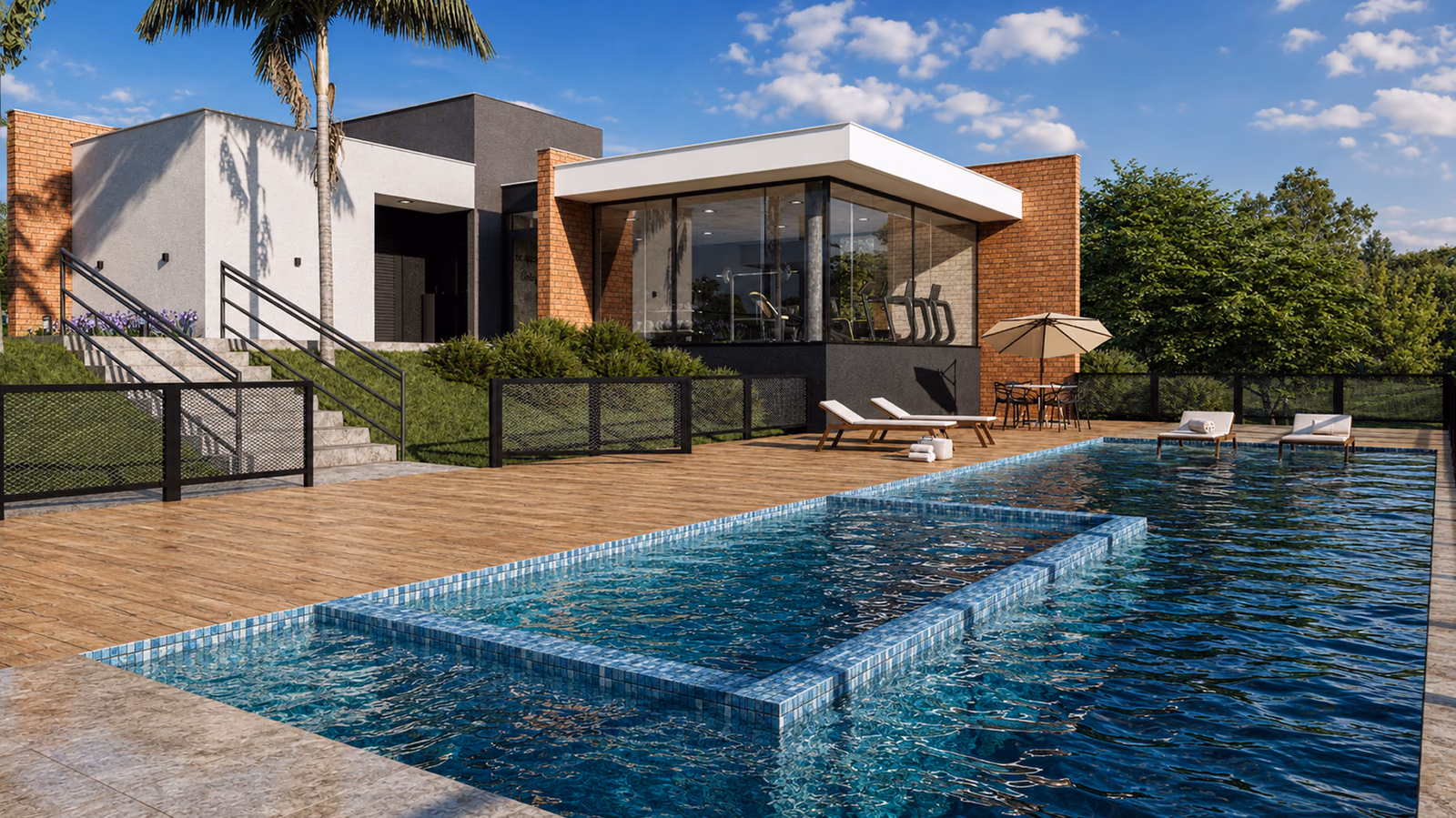 Piscina adulto e infantil com deck em frente à academia