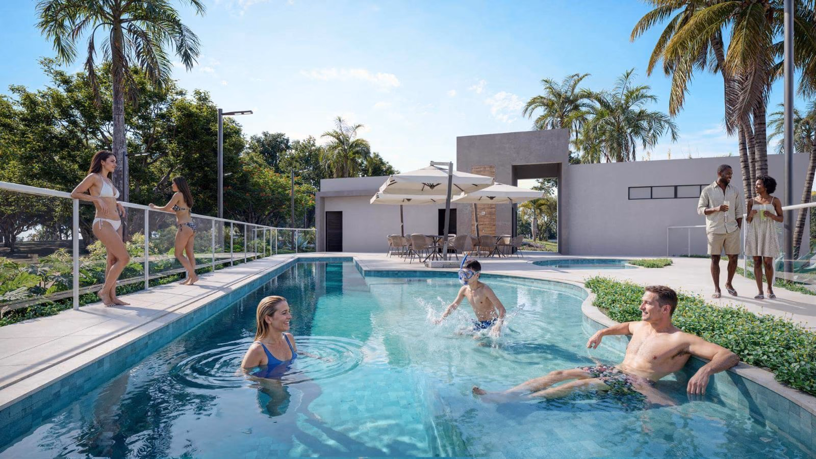Piscina adulto com raia e família no lazer do Reserva dos Ramos